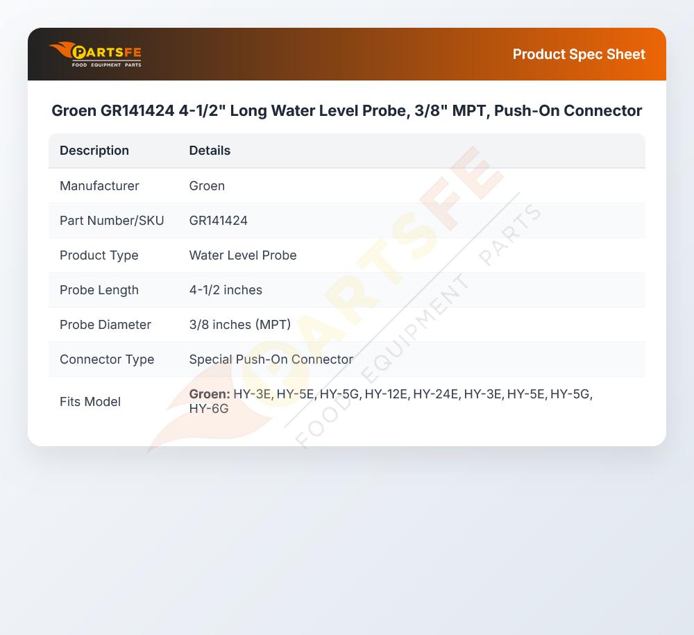 Groen GR141424  4-1/2" Long Water Level Probe, 3/8" MPT, Push-On Connector