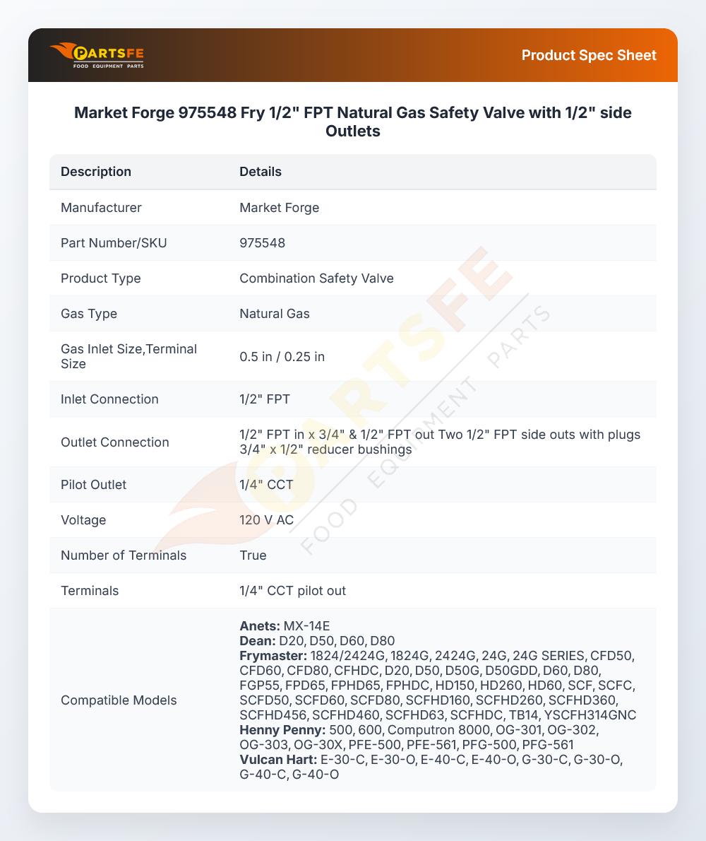 Market Forge 975548 FPT Natural Gas Safety Valve W/1/2" Side Outlets