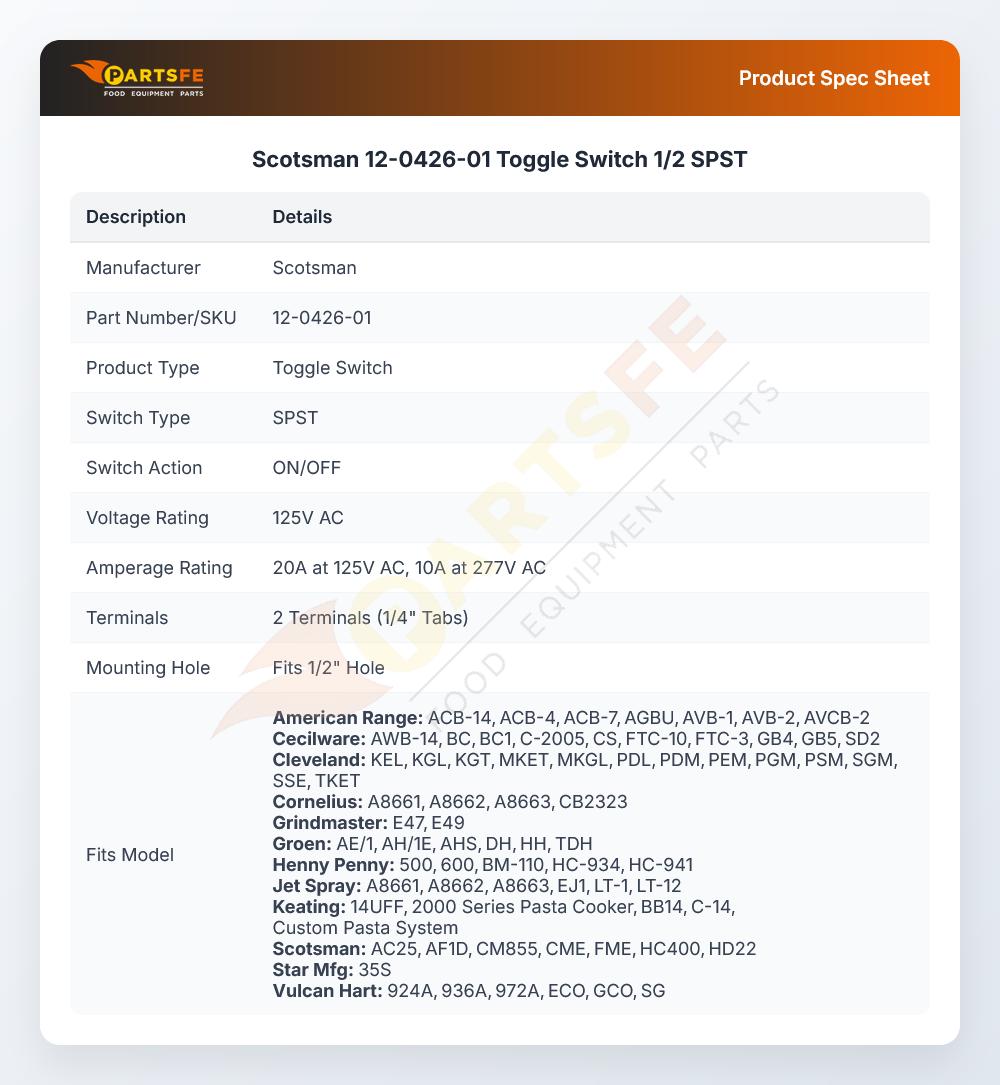 Scotsman 12-0426-01 Toggle Switch 1/2 SPST
