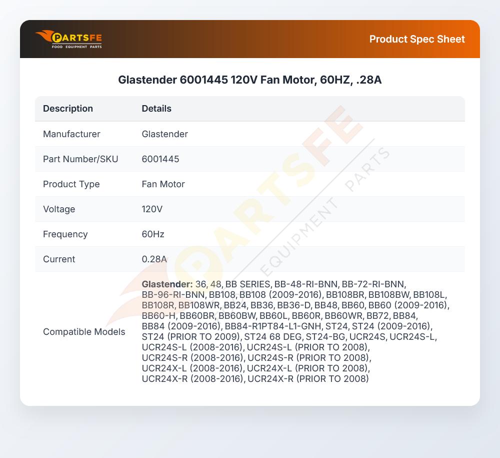 Glastender 6001445 120V Fan Motor, 60HZ, .28A