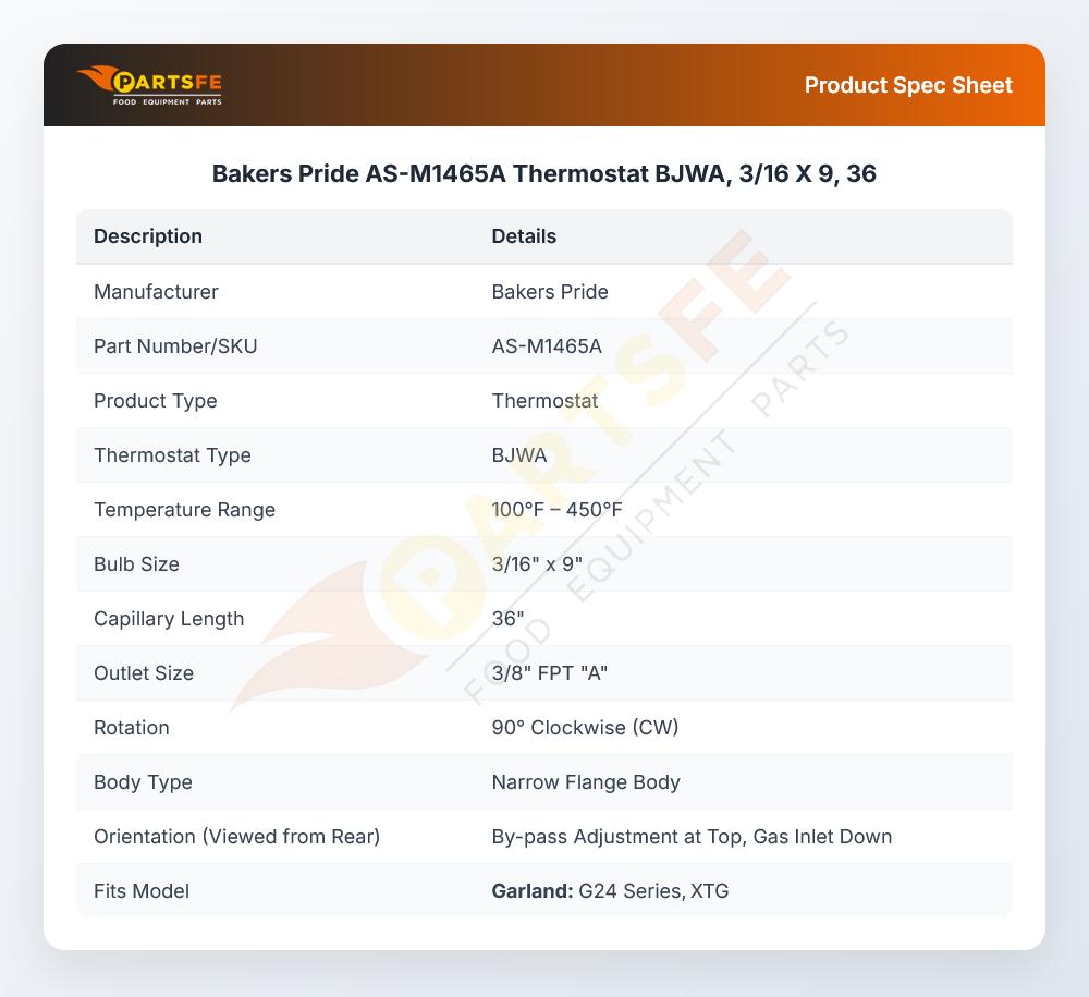 Bakers Pride AS-M1465A Thermostat BJWA 450&deg;F 3/16 X 9 36"
