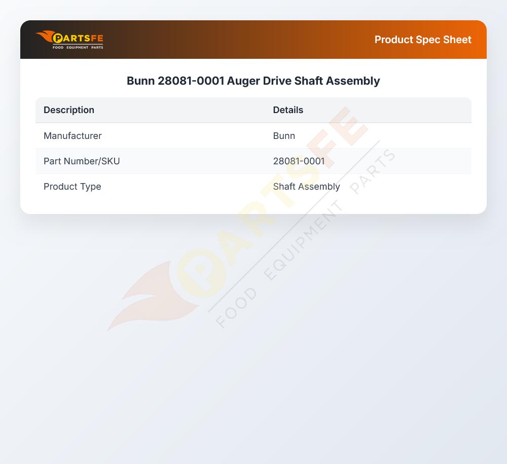 Bunn 28081-0001 Frozen Beverage Dispenser Auger Drive Shaft Assembly
