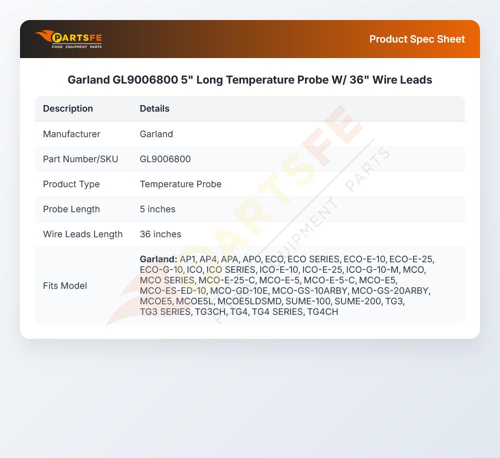 Garland GL9006800 Oven Temperature Probe W/Wire Leads 36" 5" Long