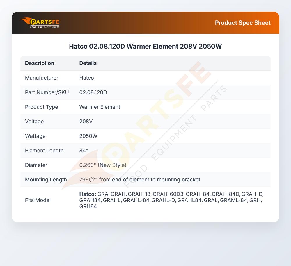 Hatco 02.08.120D Warmer Element 208V 2050W