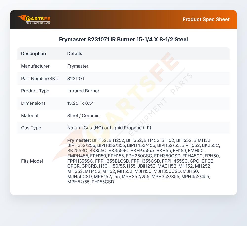 Frymaster 8231071 Fryer IR Burner 15-1/4" X 8-1/2" Steel