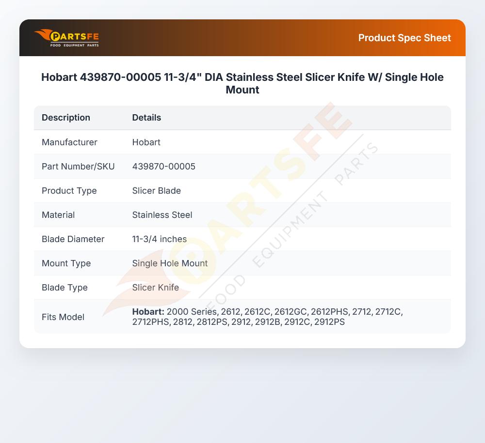 Hobart 439870-00005 Slicer Knife W/ Single Hole Mount 11-3/4" DIA SS