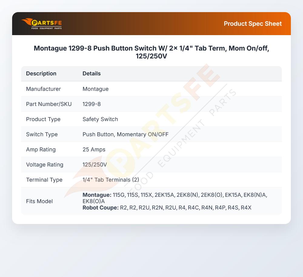 Montague 1299-8 Push Button Switch W/ 2 X 1/4" Tab Term MOM On/Off 125/250V