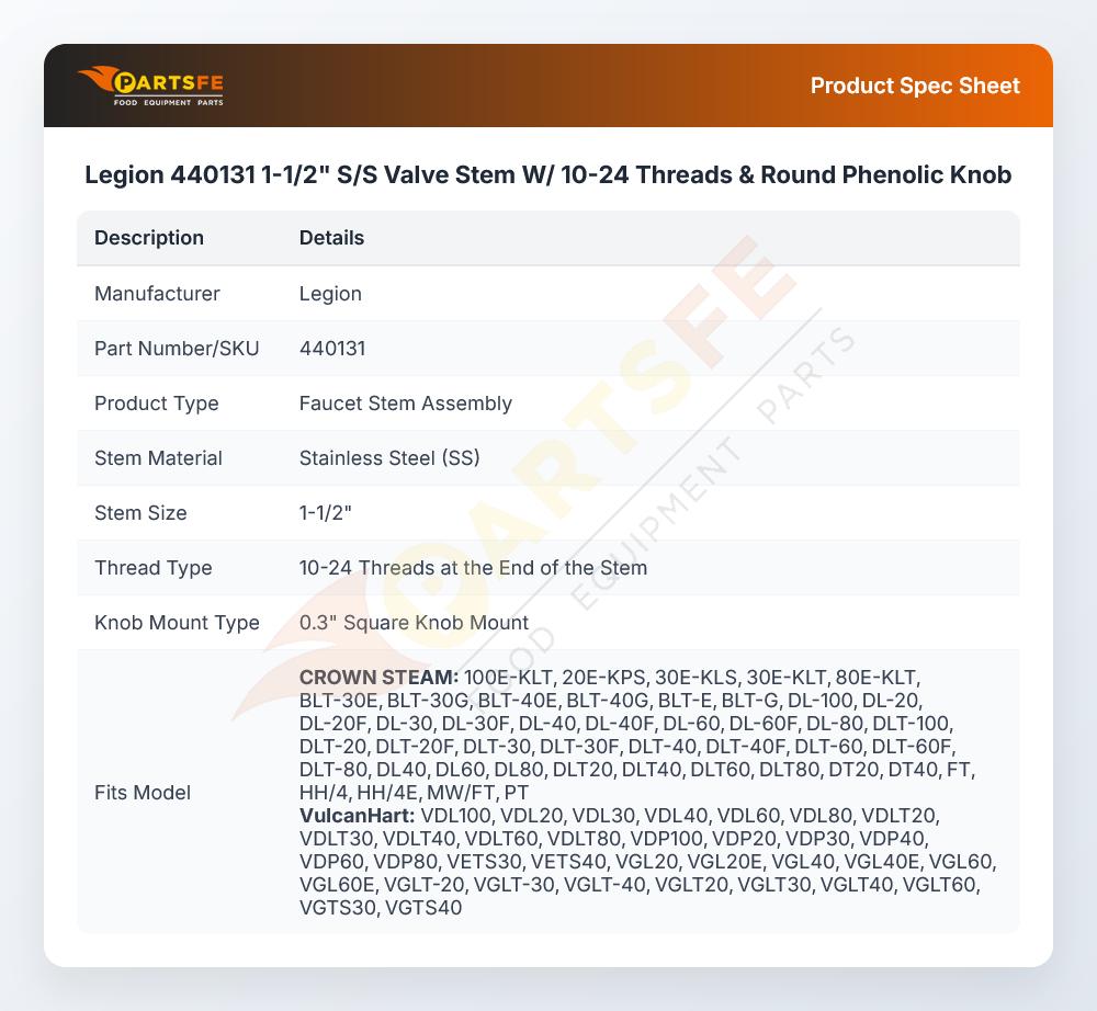 Legion 440131 Faucet Valve W/Phenolic Knob Round 1-1/2" Stem 10-24 Thread SS