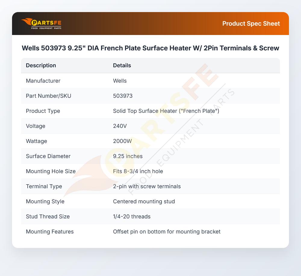 Wells 503973 French Plate Surface Heater Terminals & Screw W/2Pin 9.25" DIA