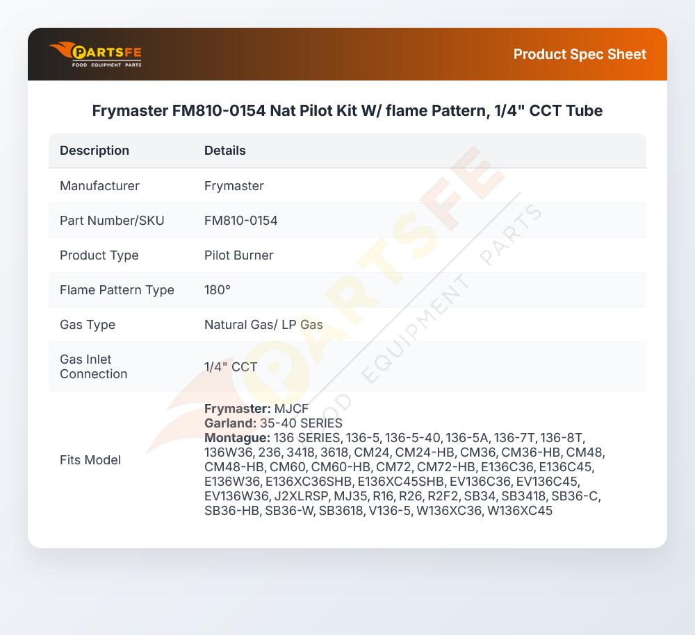 Frymaster FM810-0154 Nat Pilot Kit W/ flame Pattern, 1/4" CCT Tube
