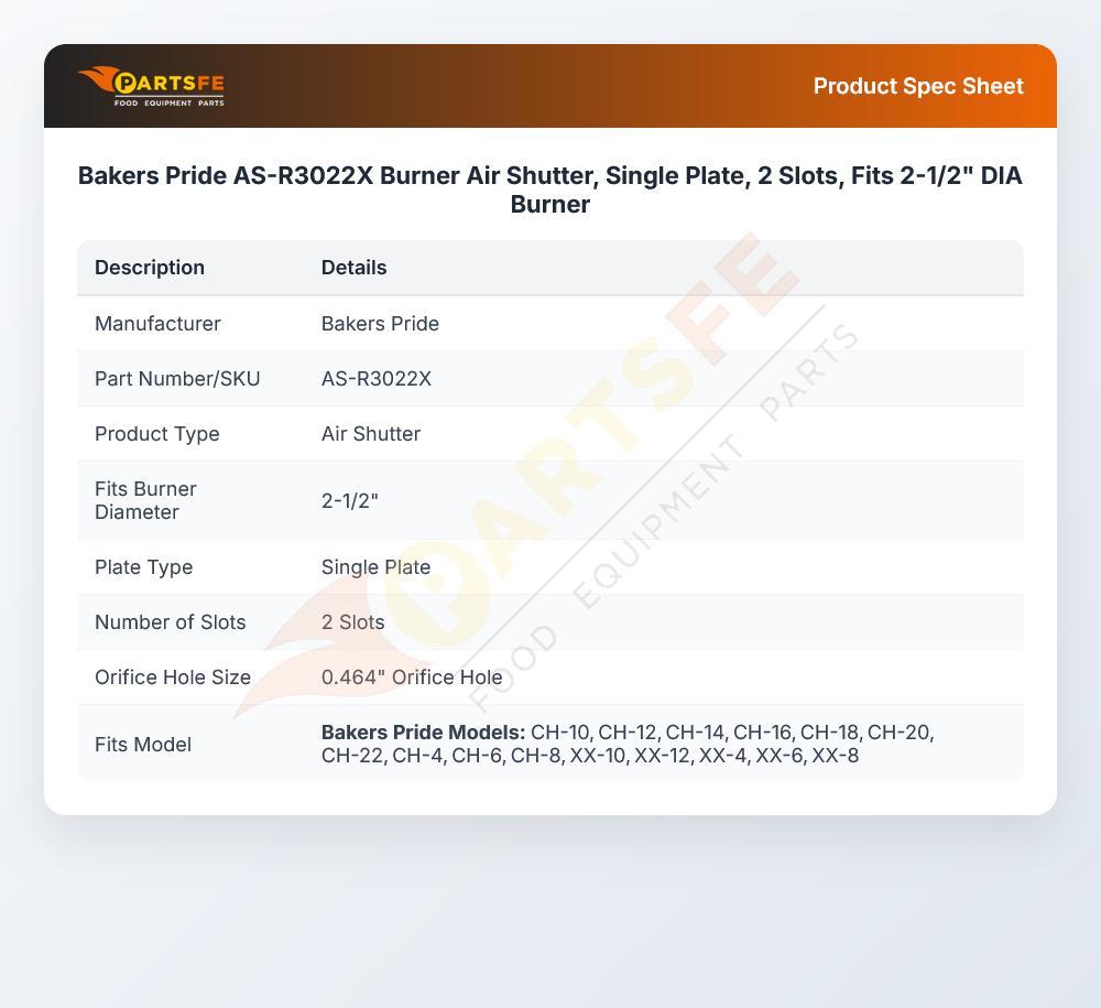 Bakers Pride AS-R3022X Burner Air Shutter Single Plate 2-Slots Fits 2-1/2" DIA