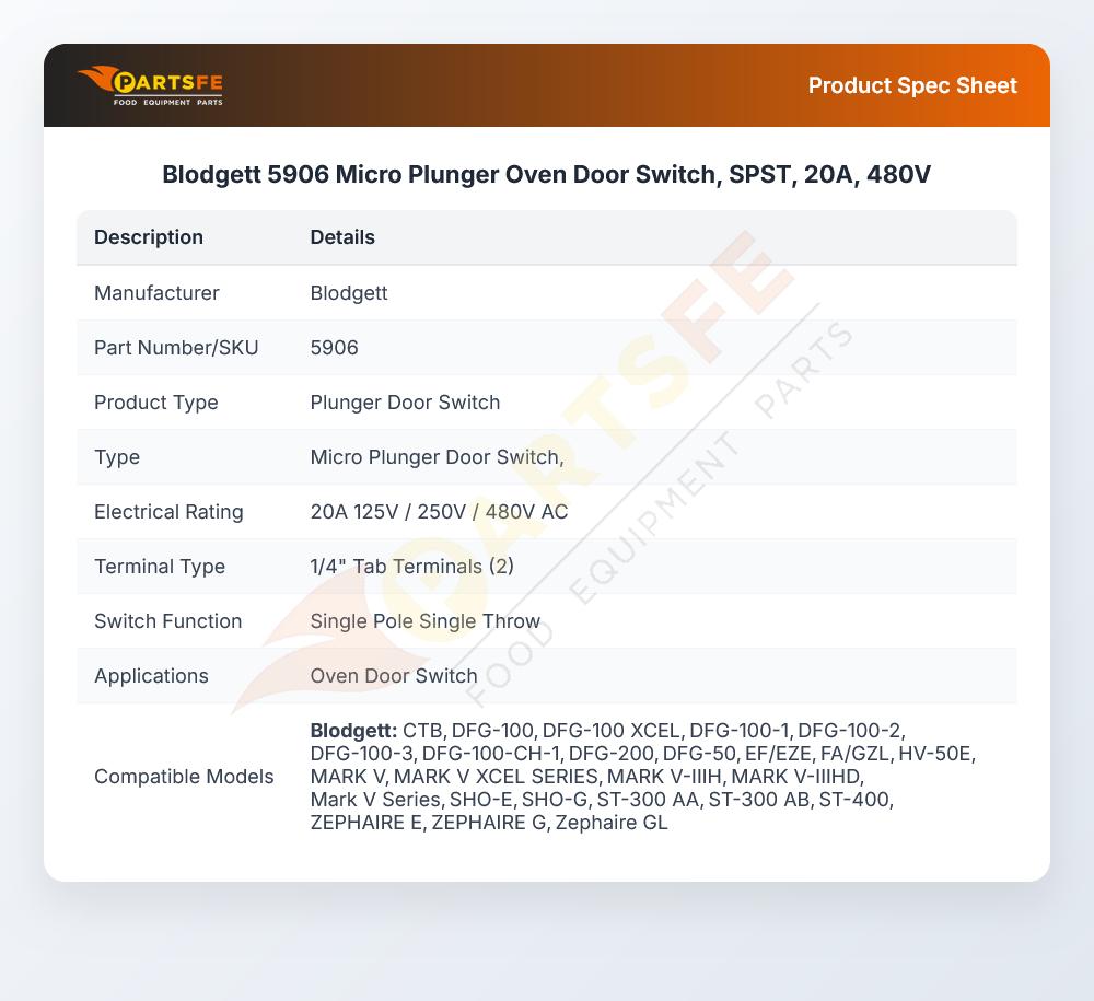 Blodgett 5906 Micro Switch 20A