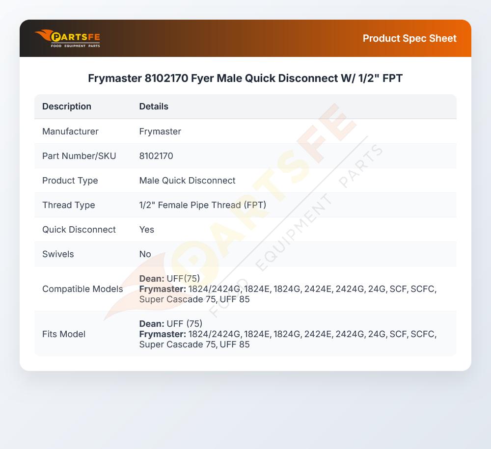 Frymaster 8102170 Fryer Male Quick Disconnect W/ 1/2" FPT