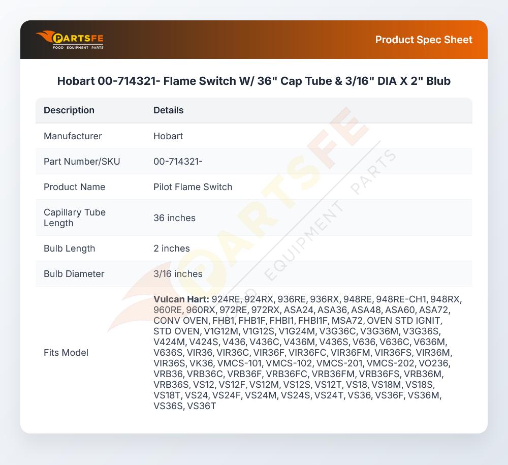 Hobart 00-714321- Flame Switch 36" Capillary Tube 3/16" DIA X 2" Blub