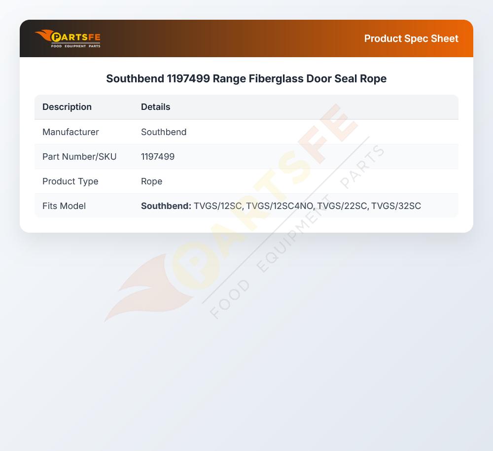 Southbend 1197499 Range Fiberglass Door Seal Rope