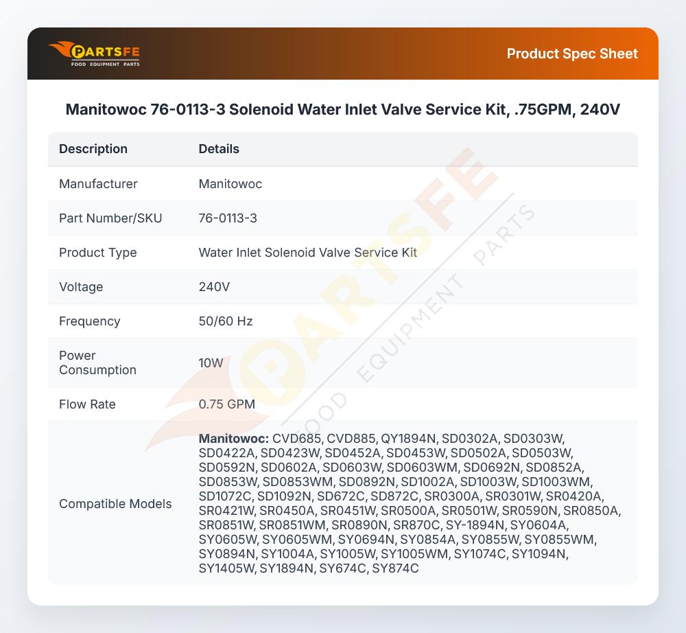 Manitowoc 76-0113-3 Solenoid Water Inlet Valve Service Kit, .75GPM, 240V