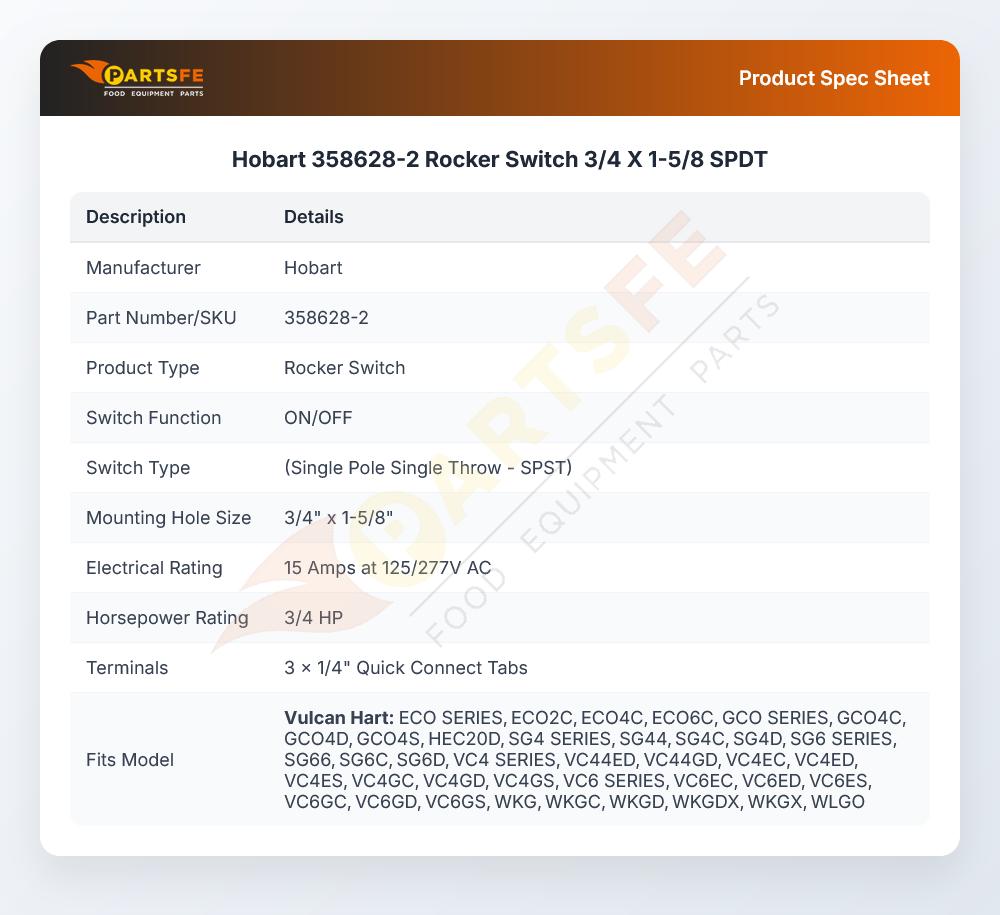 Hobart 358628-2 Rocker Switch 3/4 X 1-5/8 SPDT