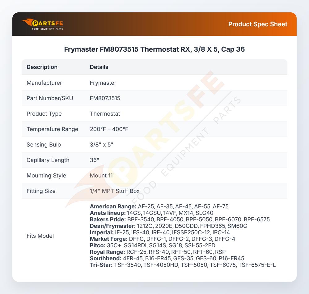 Frymaster FM8073515 Gas Fryer Thermostat RX 3/8" X 5" 36" Capillary