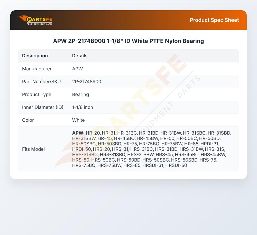 APW 2P-21748900 White PTFE Nylon Bearing 1-1/8" ID