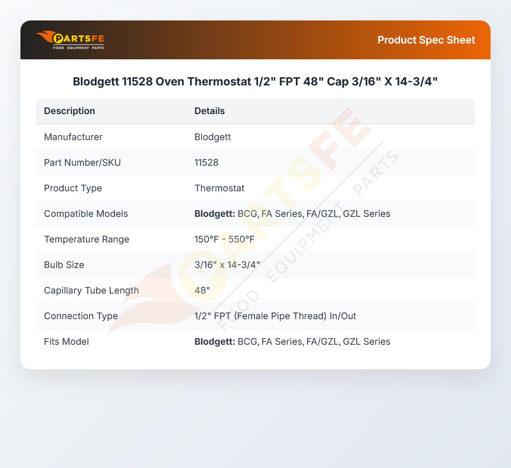 Blodgett 11528 Oven Thermostat 1/2" FPT 48" Cap 3/16" X 14-3/4"