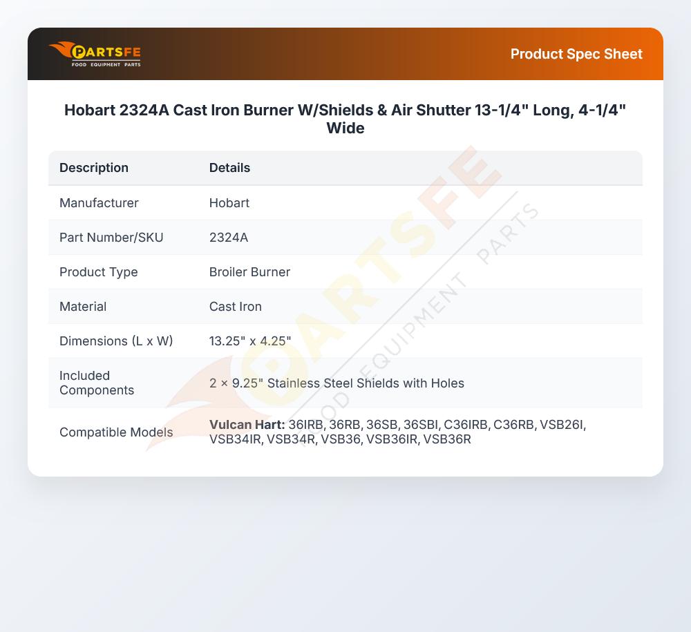 Hobart 2324A Cast Iron Burner W/Shields & Air Shutter 13-1/4" Long, 4-1/4" Wide