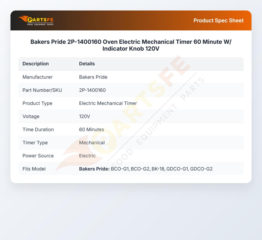 Bakers Pride 2P-1400160 Oven Electric Mechanical Timer 60 Minute W/ Indicator Knob 120V