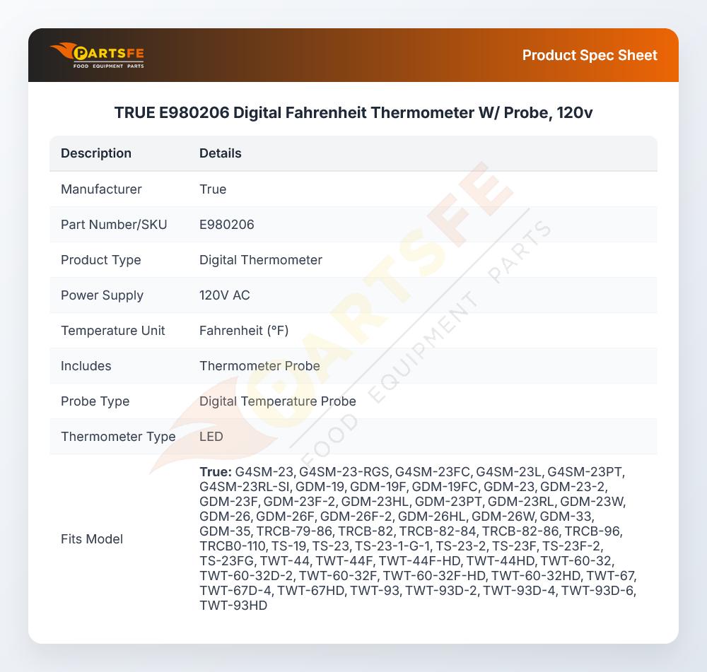 TRUE E980206 Digital Fahrenheit Thermometer W/Probe 120V