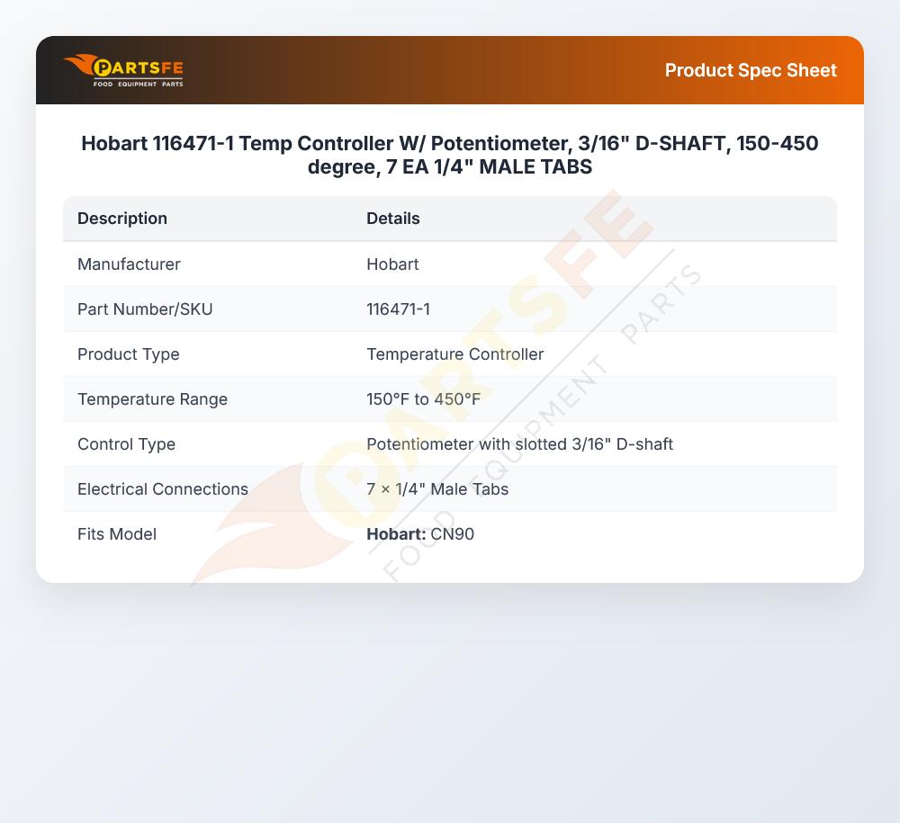 Hobart 116471-1 Convection Oven Temperature Controller W/Potentiometer 3/16" Shaft 150-450&deg; Pitch 1/4" Male Tabs 7 EA