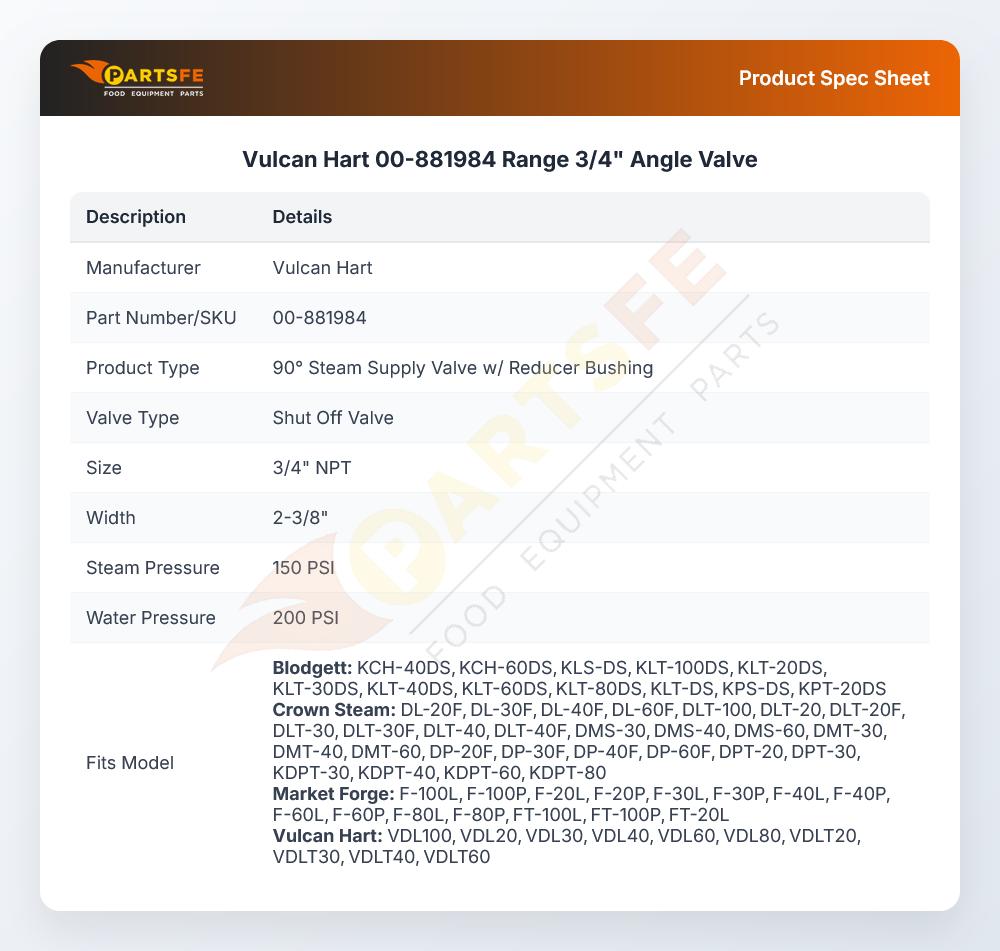 Vulcan Hart 00-881984 Range  3/4" Angle Valve