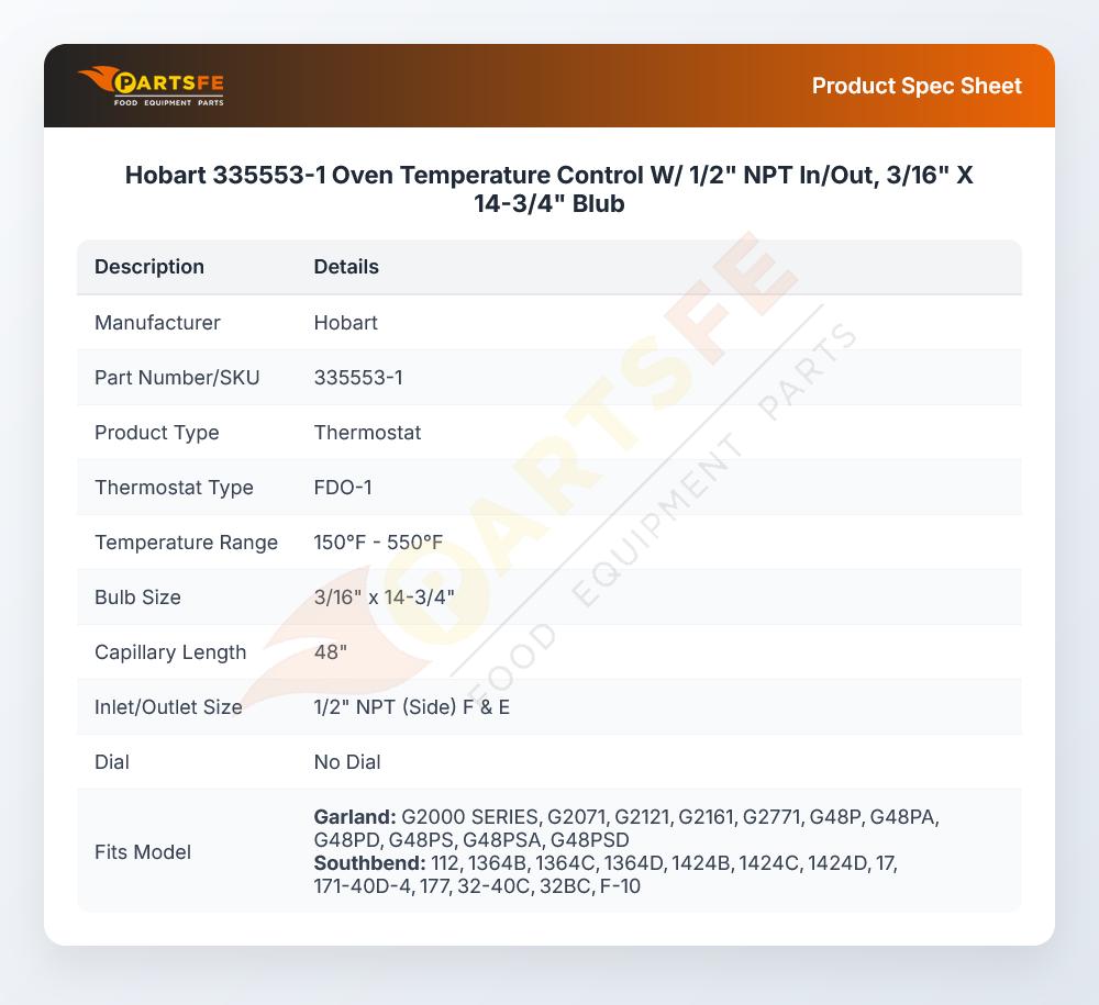 Hobart 335553-1 Temperature Thermostat Control W/1/2" NPT In/Out 3/16" X 14-3/4"