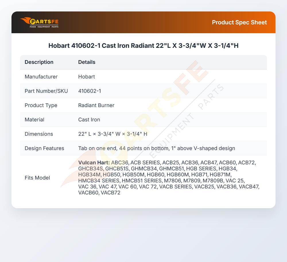 Hobart 410602-1 Cast Iron Radiant 22"L X 3-3/4"W X 3-1/4"H