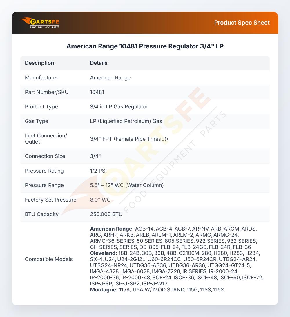 American Range 10481 Pressure Regulator 3/4" LP