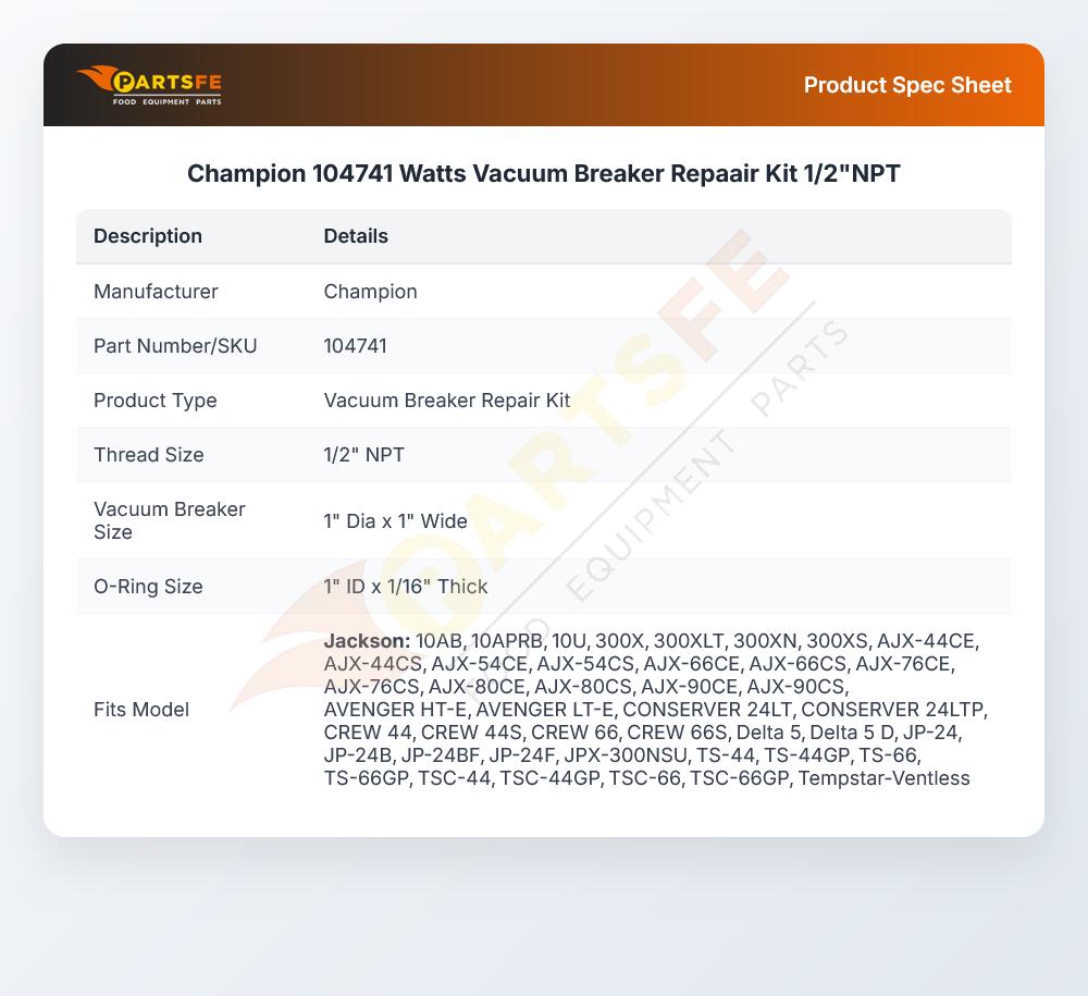Champion 104741 Watts Vacuum Breaker Repaair Kit 1/2"NPT