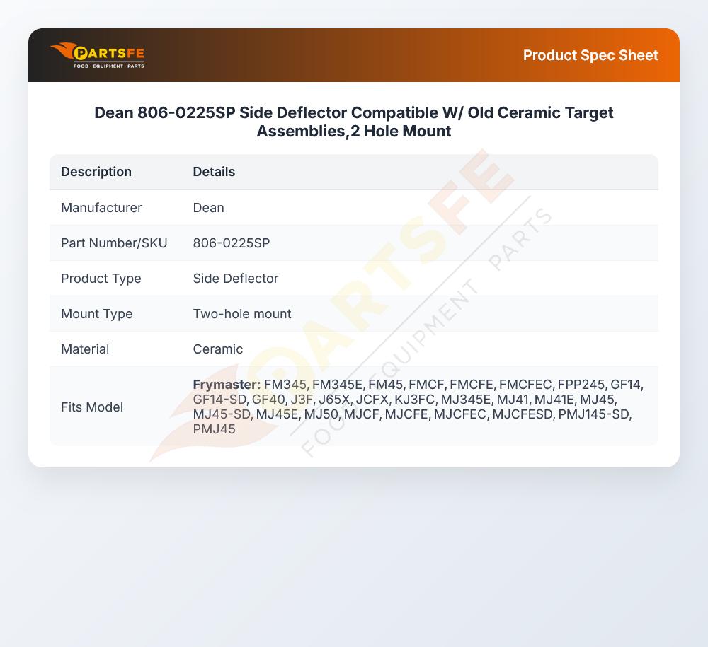 Dean 806-0225SP Side Deflector Compatible W/ Old Ceramic Target Assemblies,2 Hole Mount