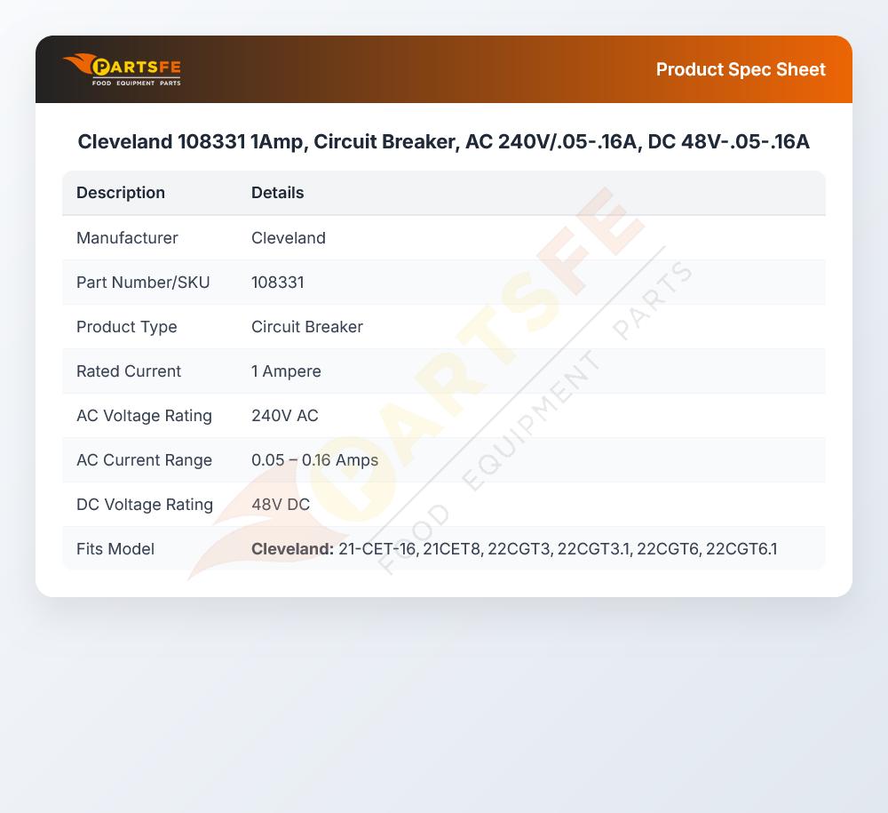 Cleveland 108331 Circuit Breaker 1Amp AC 240V/.05-.16A DC 48V-.05-.16A