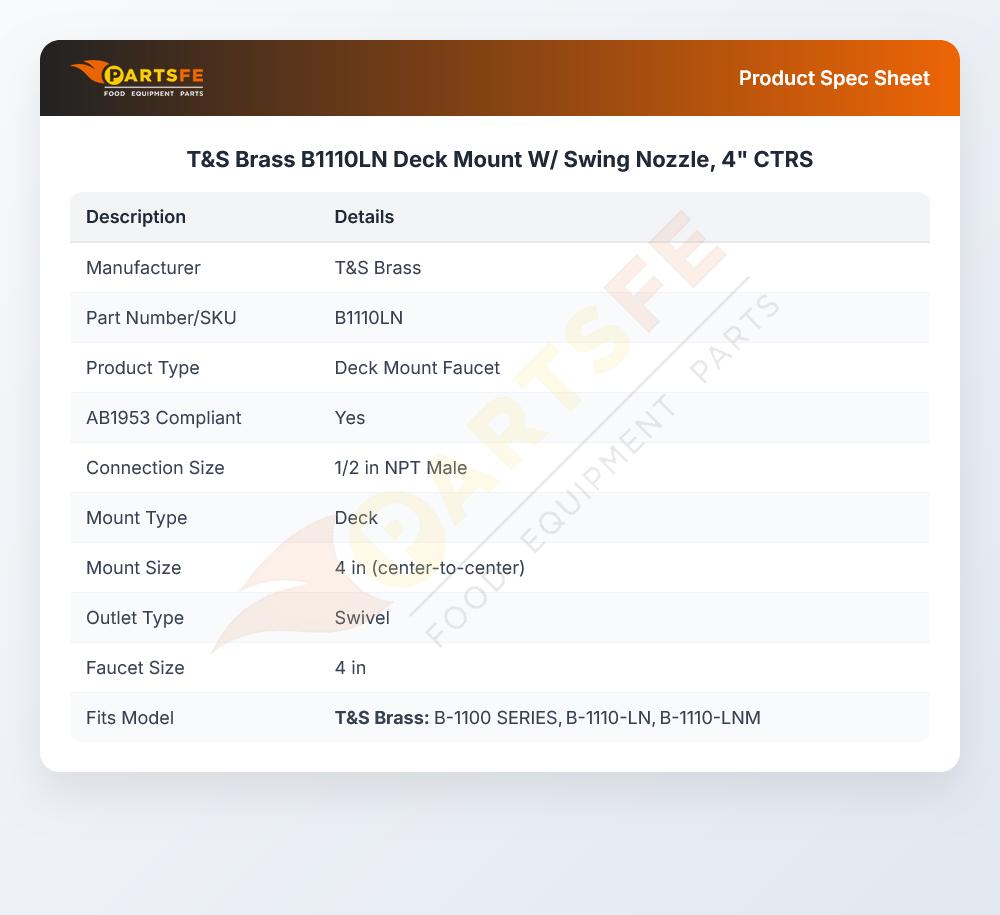 T&S Brass B1110LN Deck Mount W/Swing Nozzle 4" CTRS