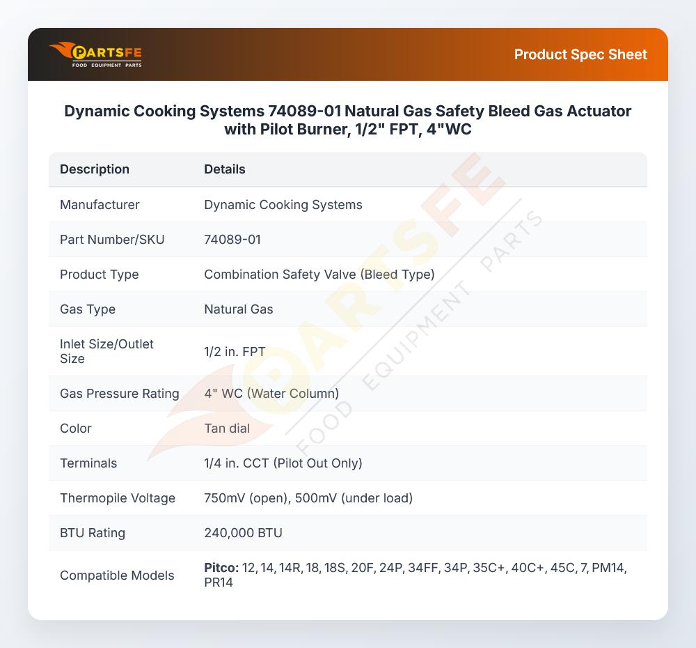 Dynamic Cooking Systems 74089-01 Natural Gas Safety Bleed Actuator W/Pilot Burner 1/2" FPT 4"WC