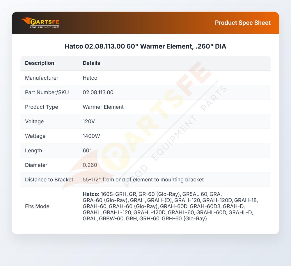 Hatco 02.08.113.00 60" Warmer Element, .260" DIA