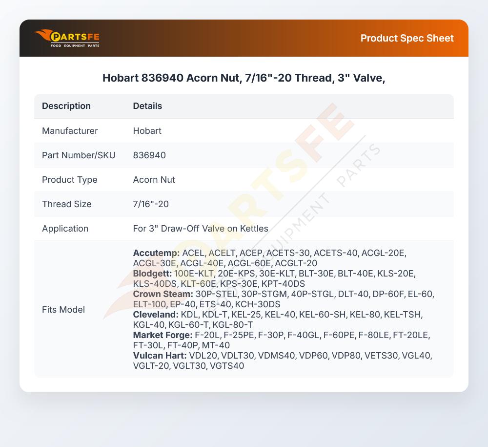 Hobart 836940 Acorn Nut, 7/16"-20 Thread, 3" Valve,