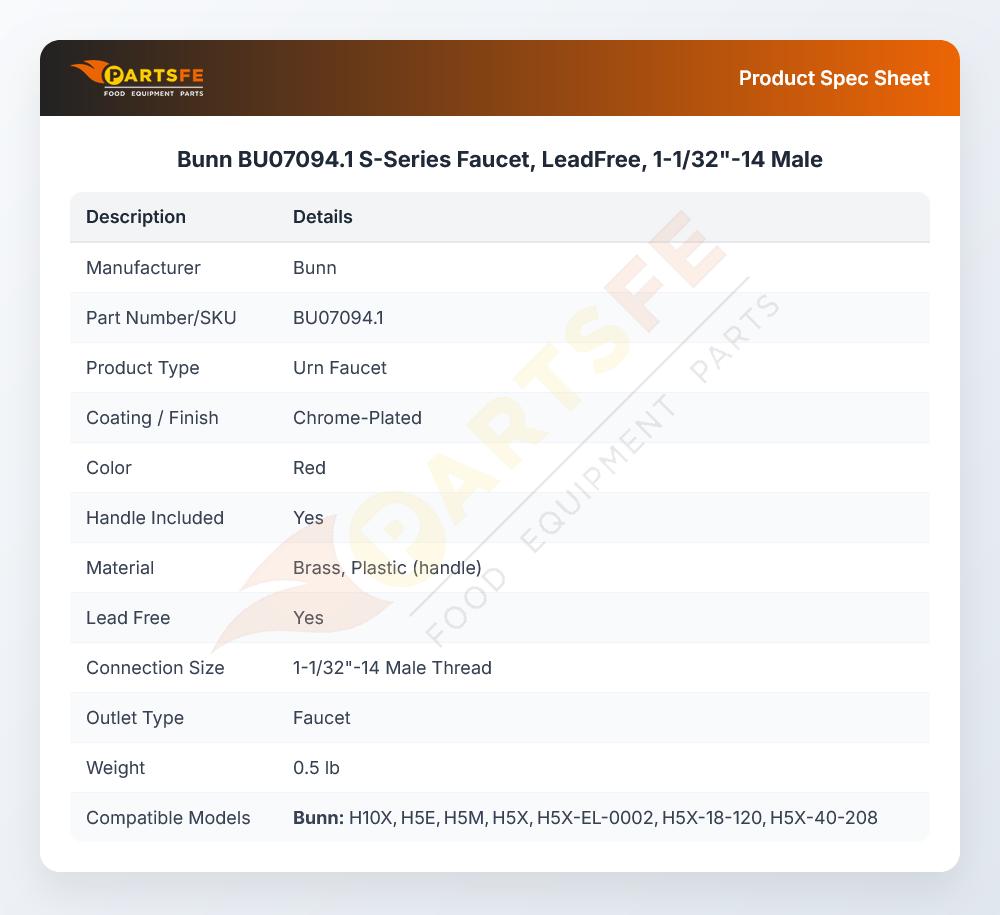 Bunn BU07094.1 S-Series Faucet, LeadFree, 1-1/32"-14 Male