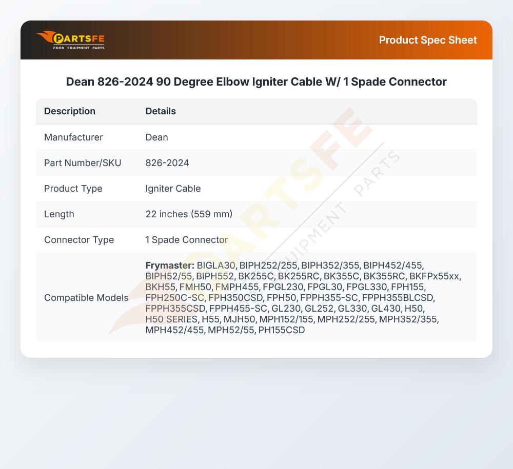 Dean 826-2024 90 Degree Elbow Igniter Cable W/ 1 Spade Connector