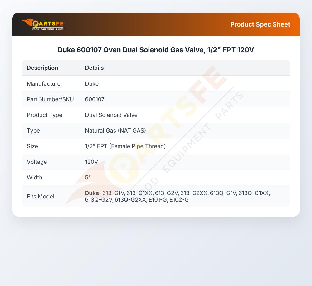 Duke 600107 Oven Dual Solenoid Gas Valve, 1/2" FPT 120V