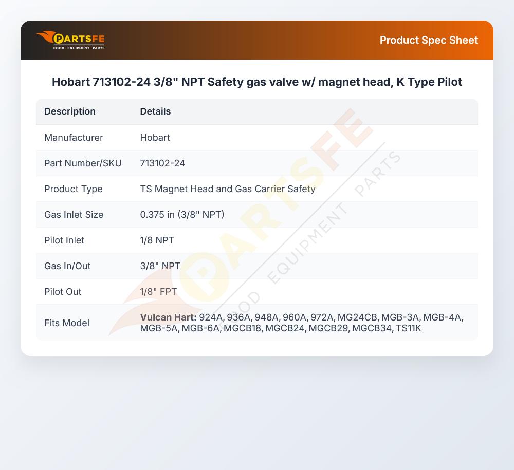 Hobart 713102-24 K-Type Gas Safety Pilot Valve Body & Magnet Head Assembly 3/8" NPT