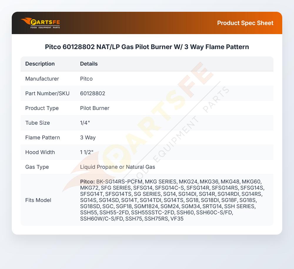 Pitco 60128802 Gas Griddle NAT/LP Pilot Burner W/Flame Pattern 3-Way 1/4"