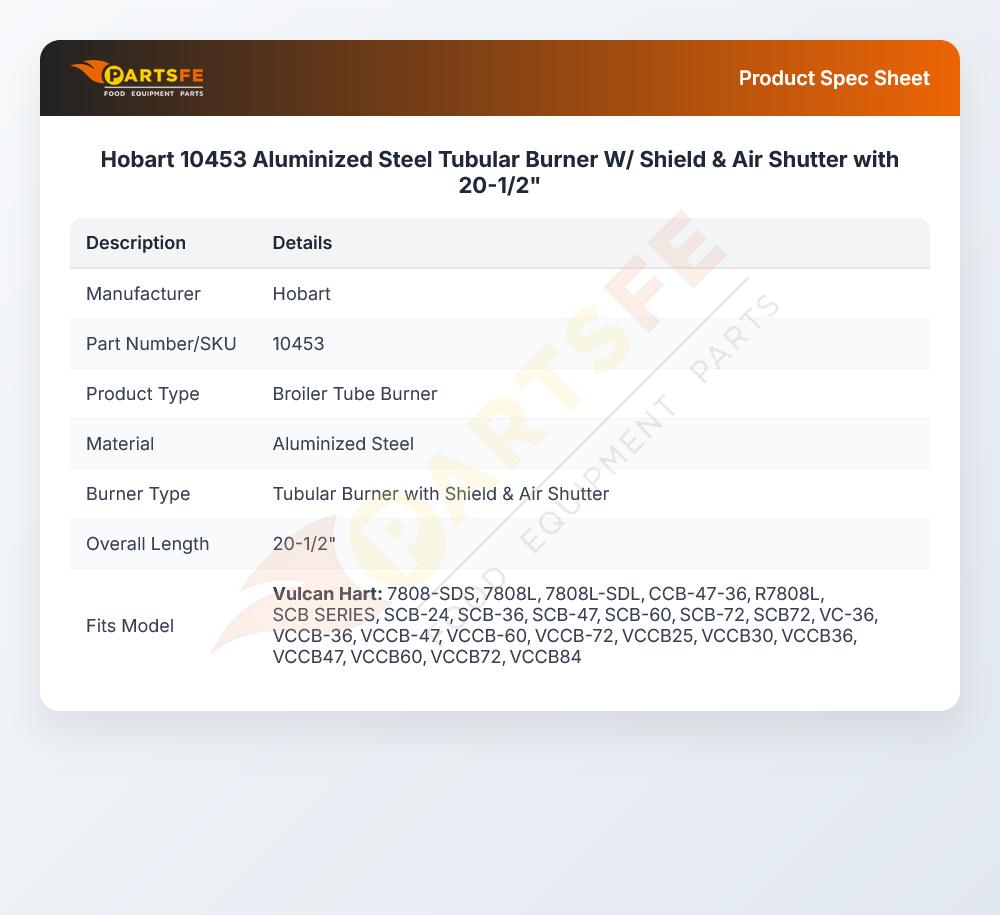 Hobart 10453 Aluminized Steel Tubular Burner W/ Shield & Air Shutter with 20-1/2"
