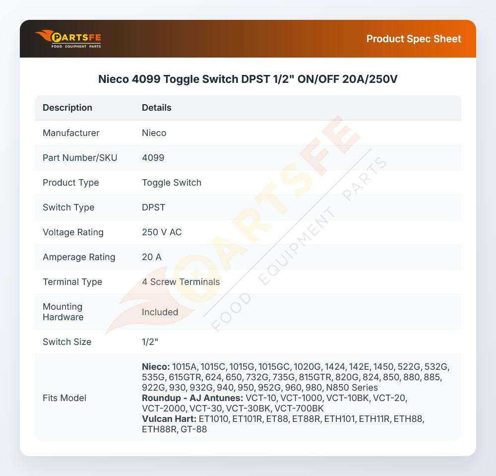 Nieco 4099 Toggle Switch DPST 1/2" ON/OFF 20A/250V