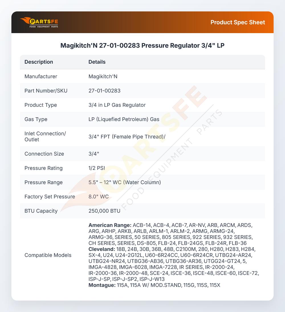 Magikitch'N 27-01-00283 Pressure Regulator 3/4" LP