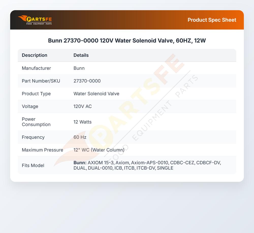 Bunn 27370-0000 120V Water Solenoid Valve, 60HZ, 12W