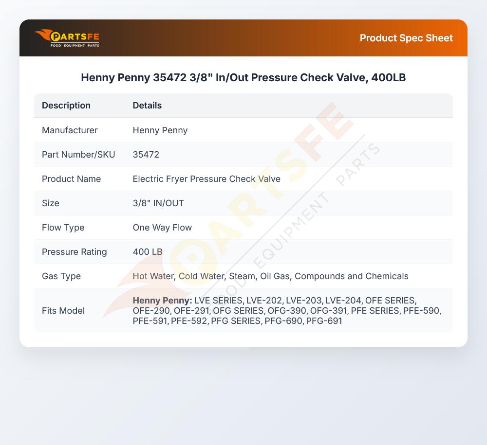 Henny Penny 35472 Fryer Pressure Check Valve