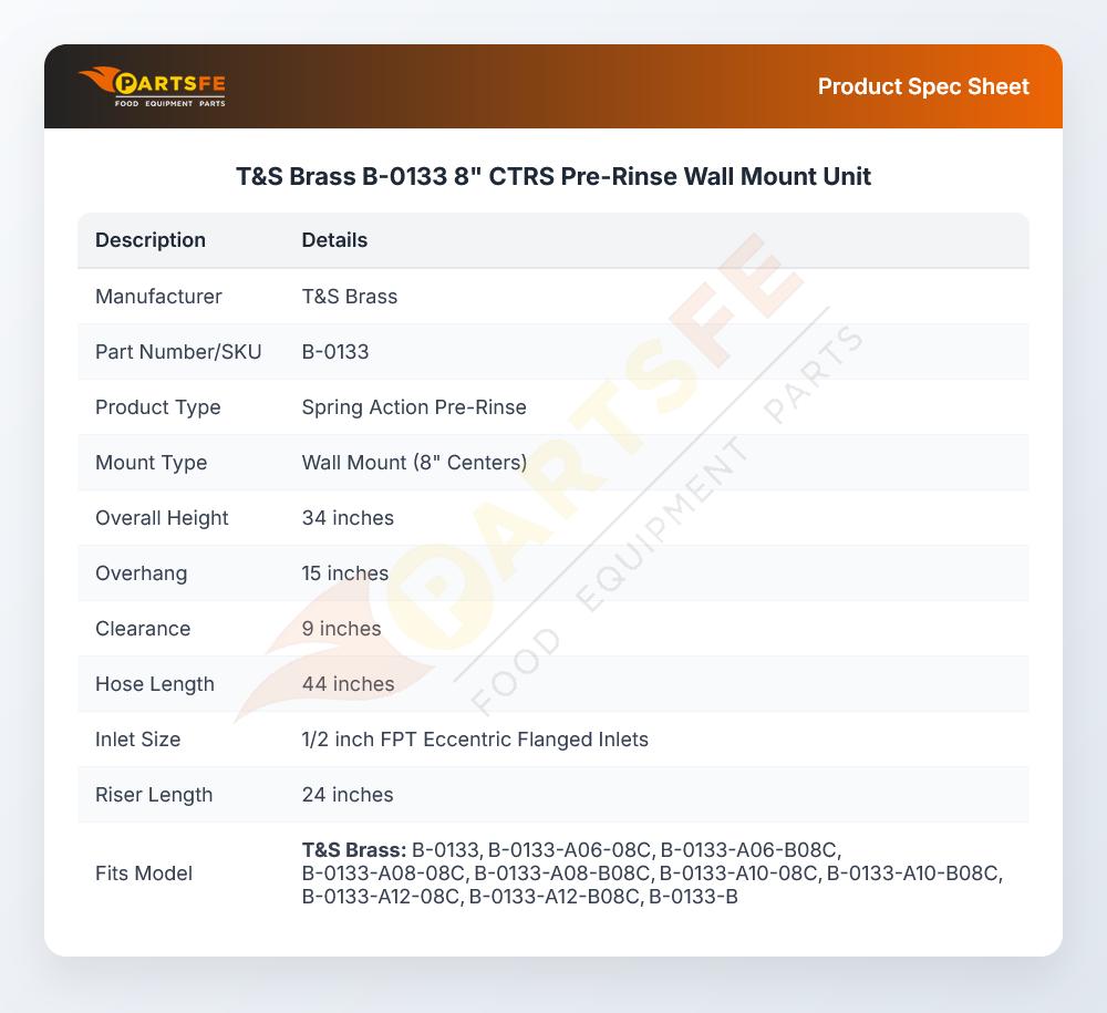 T&S Brass B-0133 Pre-Rinse Unit Wall Mount 8"